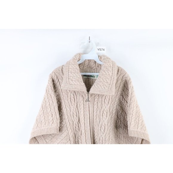 Vintage 90s Womens Small Chunky Donegal Wool Knit Fisherman Poncho Sweater Beige - Picture 2 of 9